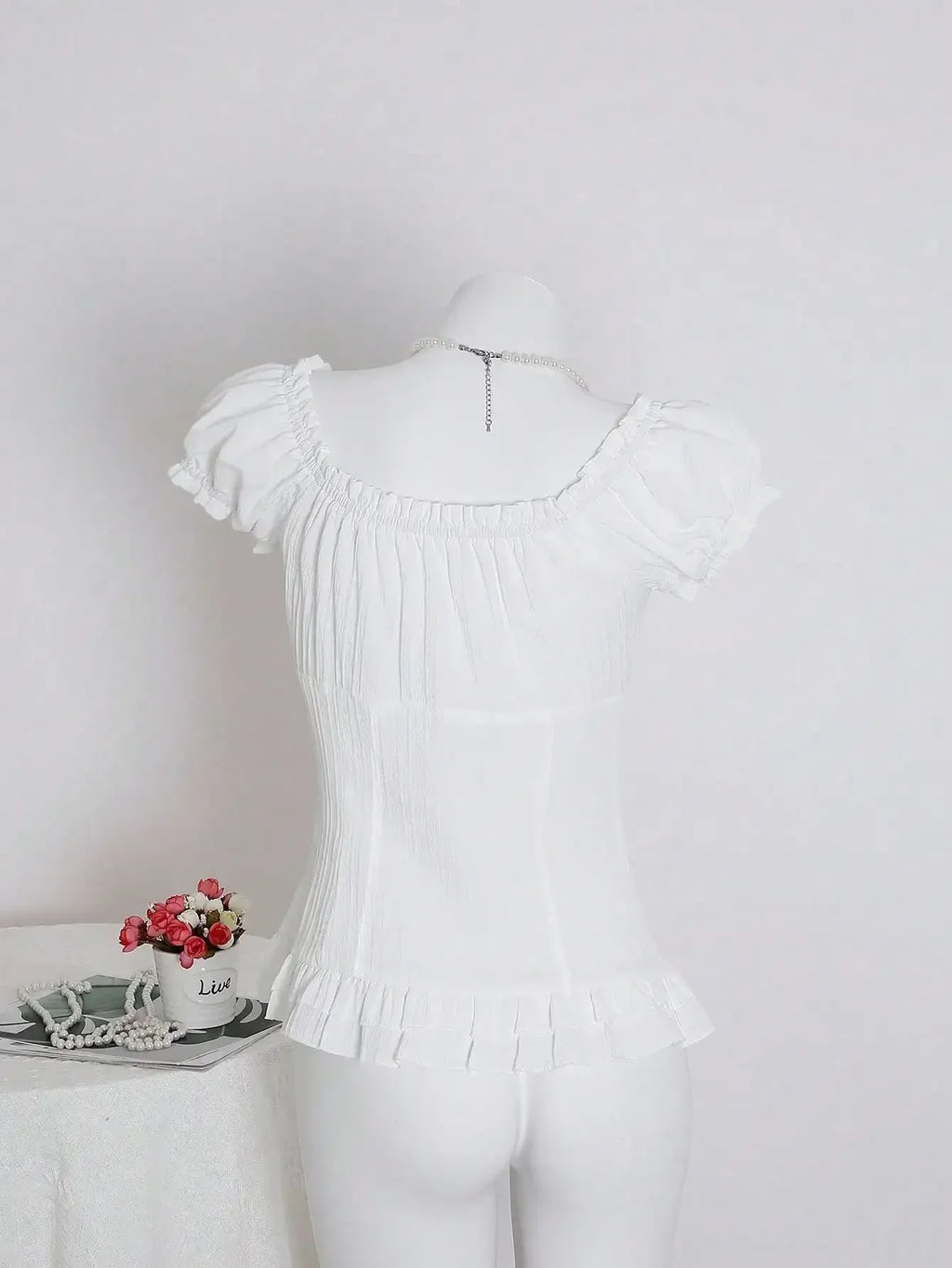 Womens Summer Solid White Ruffle Short Sleeve Blouse
