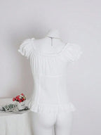 Womens Summer Solid White Ruffle Short Sleeve Blouse
