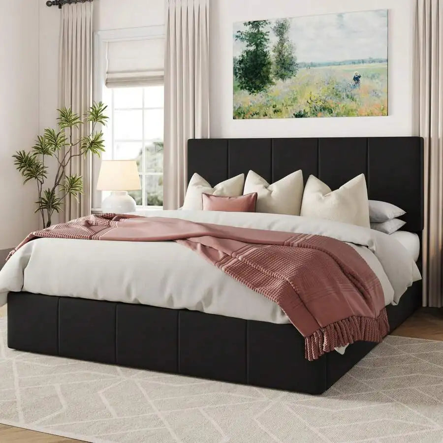 Full/Queen/King Size Velvet Lift Up Storage Bed Frame, Vertical Channel Tufted Headboard, Hydrualic Underneath Storage, Upholstered Platform Bed, Wooden Slats Support, No Box Spring Needed, Black