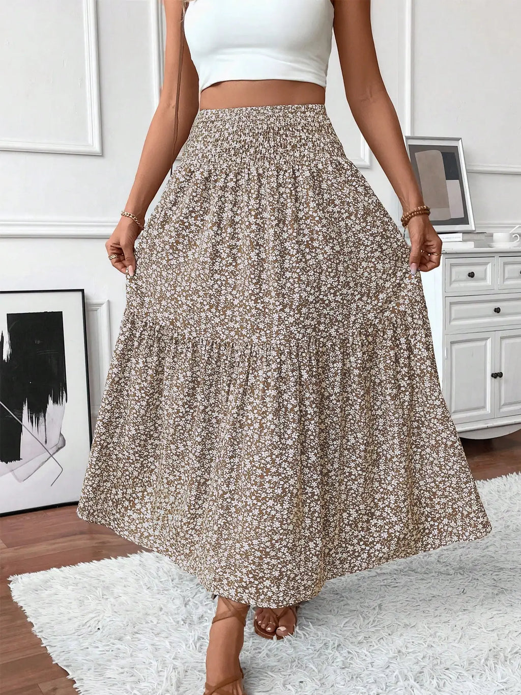 Womens Ditsy Floral A-Line Skirt With Pockets Elastic Waist Ruffle Hem