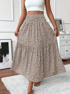 Womens Ditsy Floral A-Line Skirt With Pockets Elastic Waist Ruffle Hem