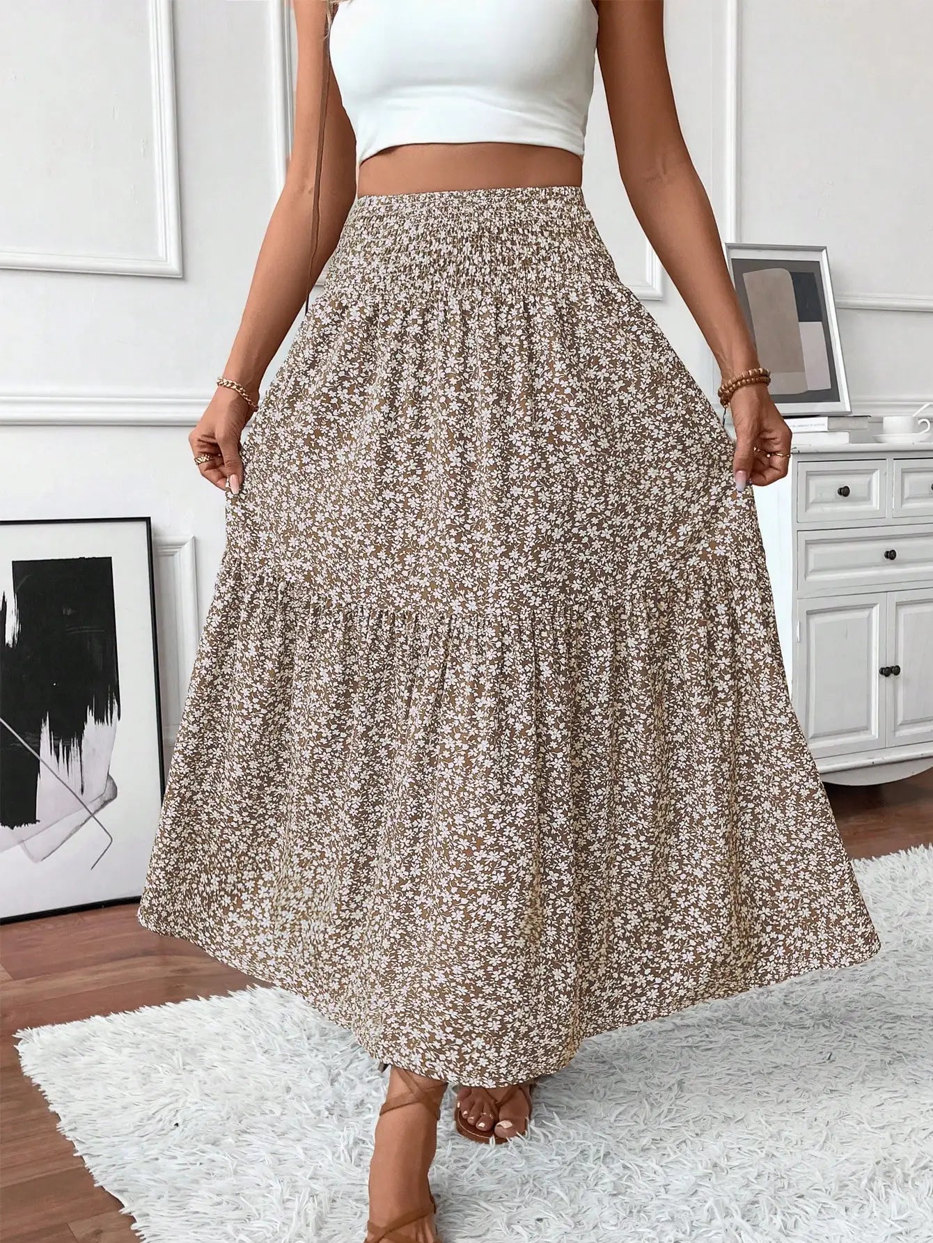 Womens Ditsy Floral A-Line Skirt With Pockets Elastic Waist Ruffle Hem