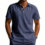 Men White Textured Linen Short Sleeve Polo Shirt Classic Lapel Collar 3 Wooden Buttons Loose Oversized Breathable Summer Beach Vacation Casual Holiday Top