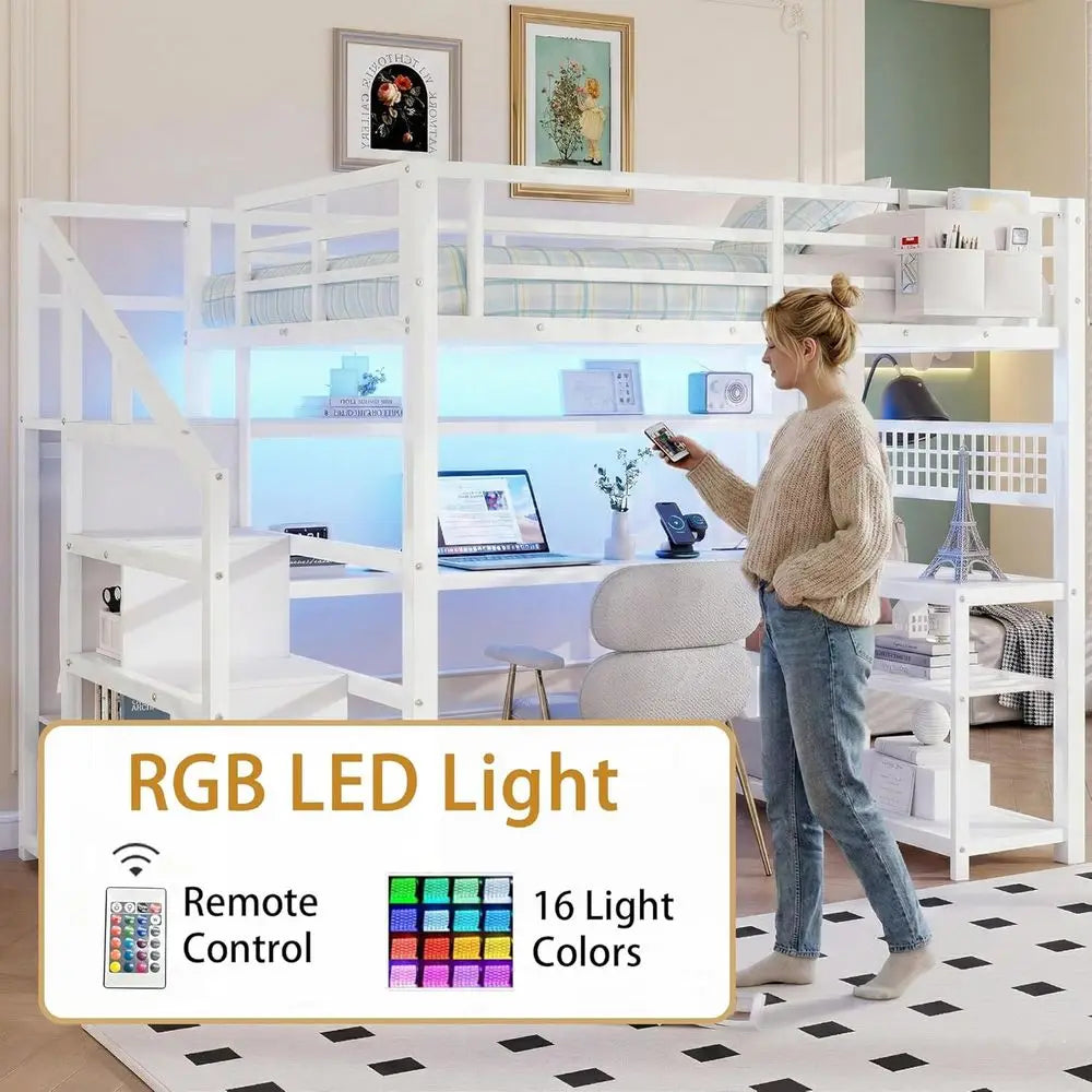 White Loft Bed with Stairs, Desk, Storage, Charging Station, LED Lights - Space-Saving for Kids, Teens, Adults
