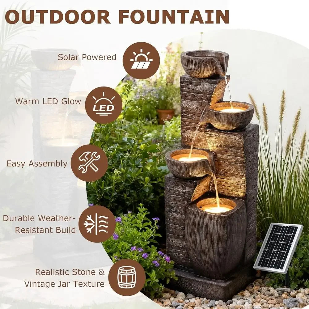 4-Tier Outdoor Water Fountain with Cascading Bowls, Stacked Stones, and LED Lights for Garden, Patio, Deck, and Backyard Decor
