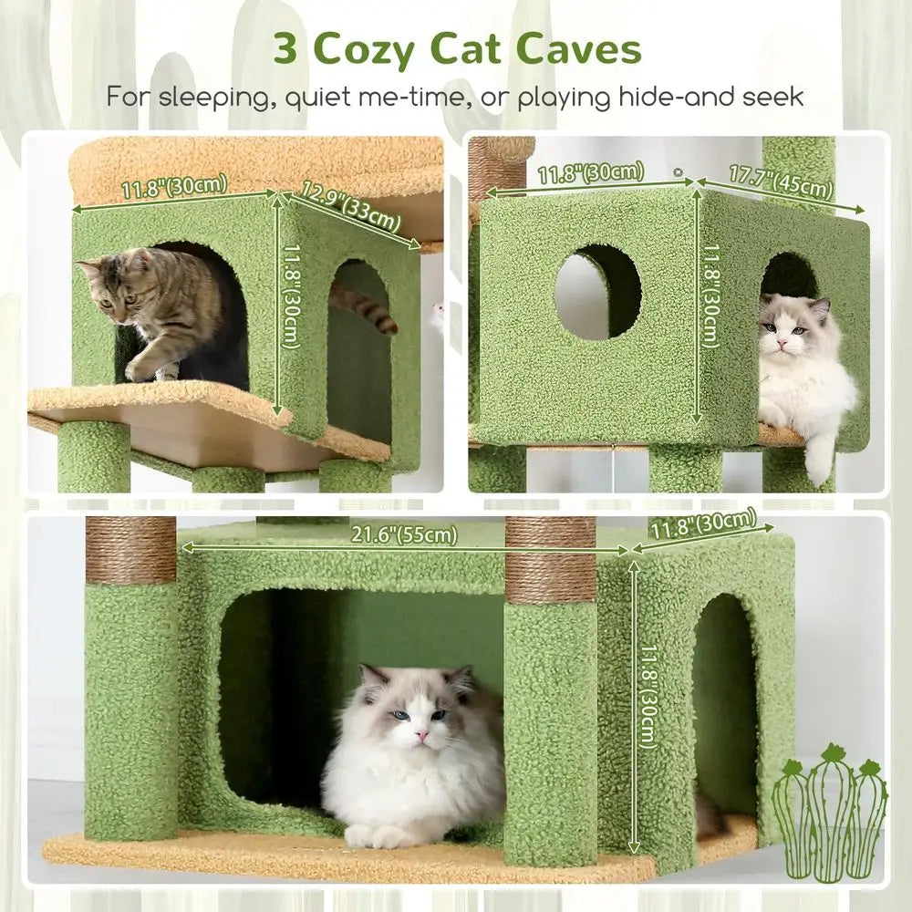 80 Inch Tall Multi-Level Cactus-Inspired Cat Tree with 3 Caves and 3 Baskets for Large Cats