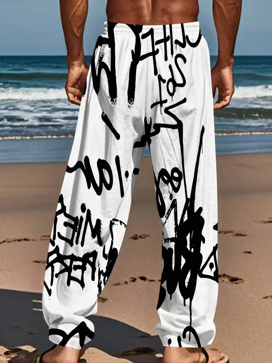 Mens Black And White Graffiti Print Loose Straight Leg Pants For Summer Beach