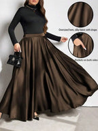 Elegant Solid Color Flared Maxi Skirt For Women Autumn