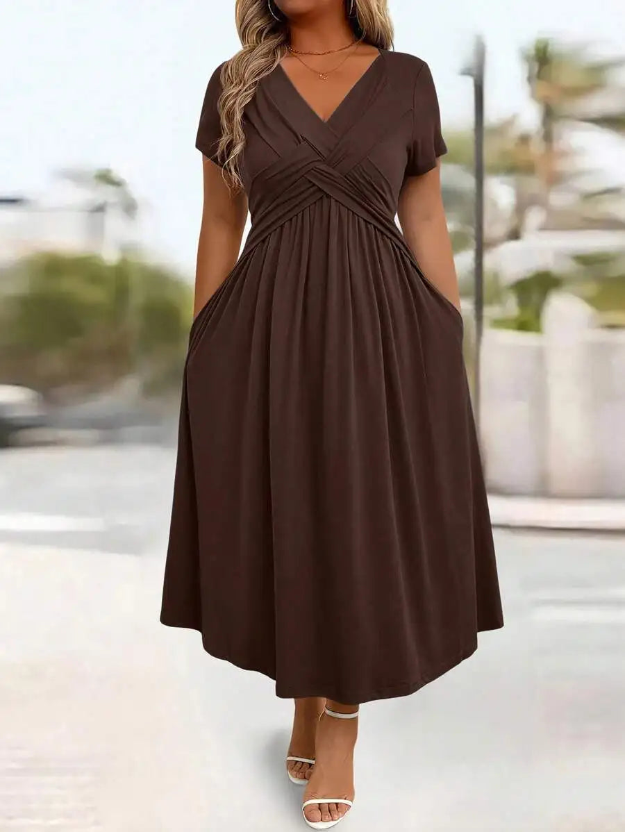 Plus Size Casual Solid V-Neck Cinched Waist A-Line Midi Dress With Pockets For Summer