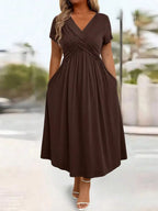 Plus Size Casual Solid V-Neck Cinched Waist A-Line Midi Dress With Pockets For Summer