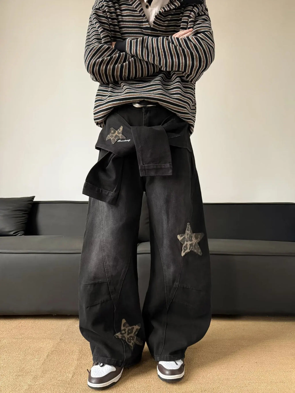 Men's Black Washed Baggy Wide Leg Jeans Leopard Print Star Patch Fake Layer Waist Design Hip Hop Street Style Casual Daily Outing Loose Denim Trousers