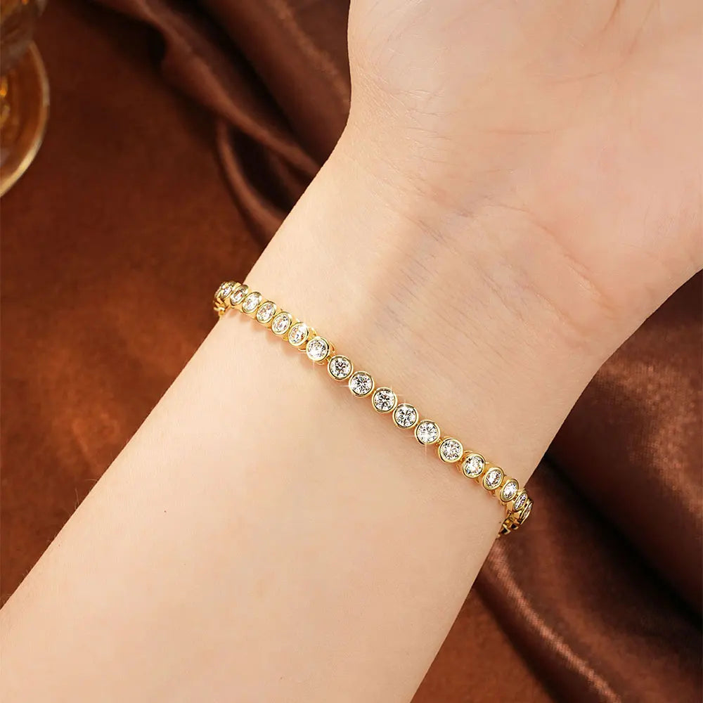 OXTAO Bezel Set Moissanite Tennis Bracelet 14K Gold Filled D Color VVS1 Round Cut Imitation Diamond Bracelet Gifts for Women