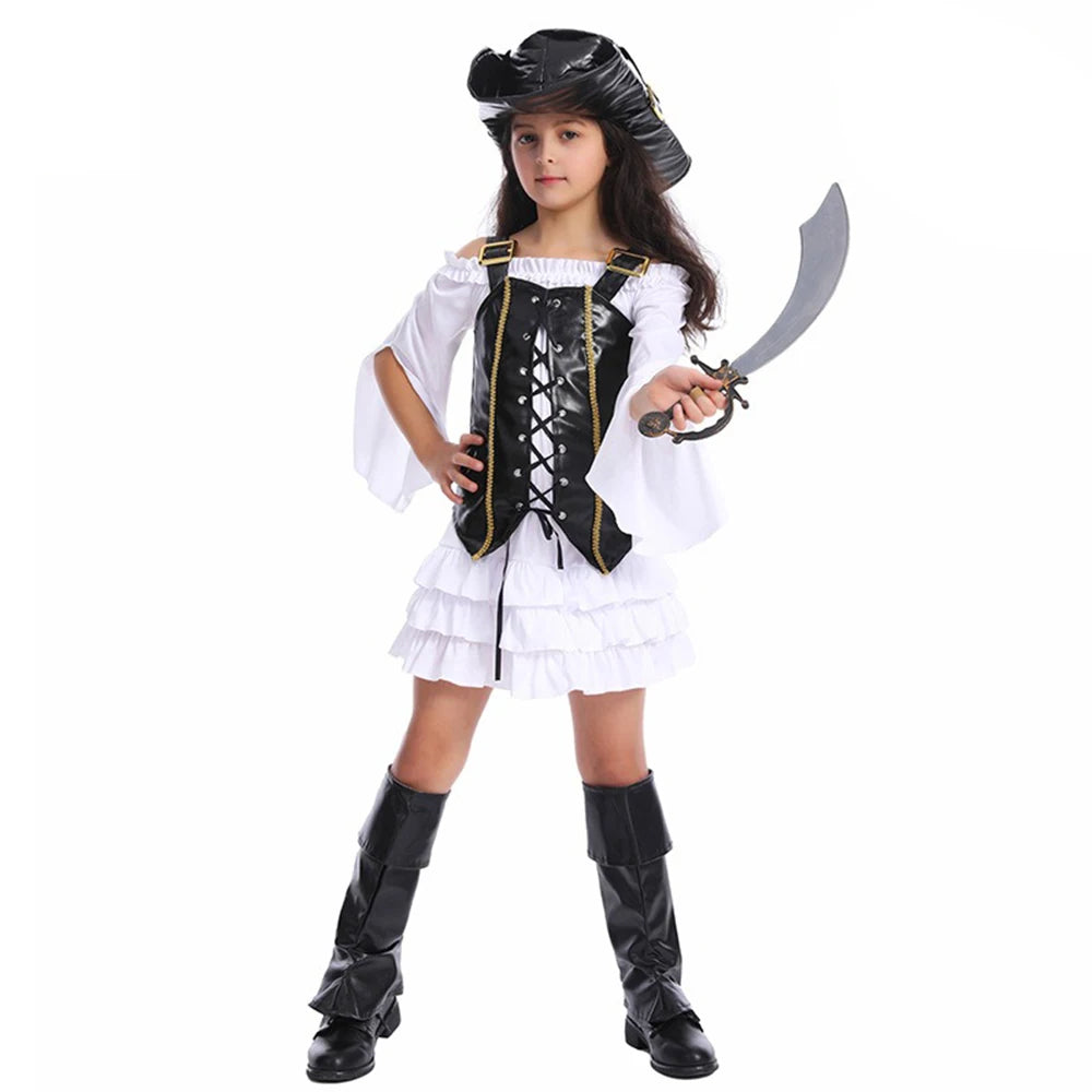Halloween Costume Adult Women Pirate Buccaneer Corset Top Blouse Tiered Skirt Boots Set, Victorian Renaissance Fair Masquerade Party Carnival Stage Show Performance Dress Up