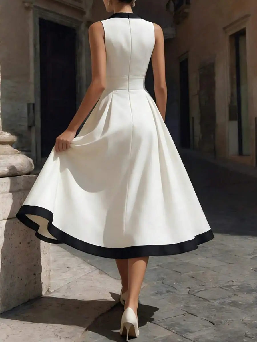 White Black Trim Sleeveless V-Neck A-Line Midi Dress For Women Elegant Simple Style