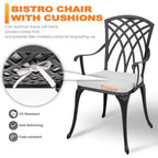 3 Piece Outdoor Cast Patio Bistro Set with Umbrella Hole and Gray Cushions, Black