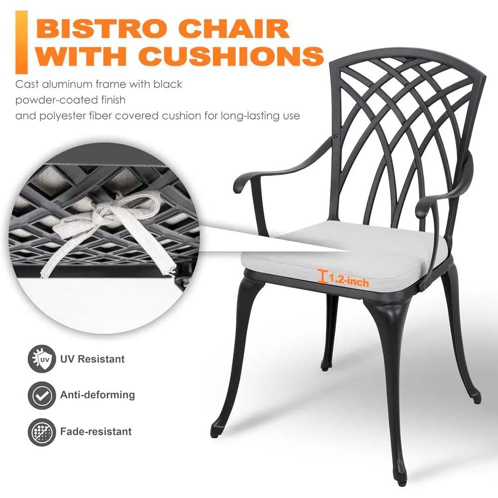 3 Piece Outdoor Cast Patio Bistro Set with Umbrella Hole and Gray Cushions, Black