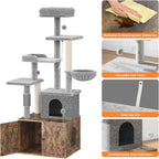 Large Multi-Level Cat Tree with Litter Box Enclosure, Play House, Hammock, Perch, Scratching Post, and Balls - Wooden Cat Furnit