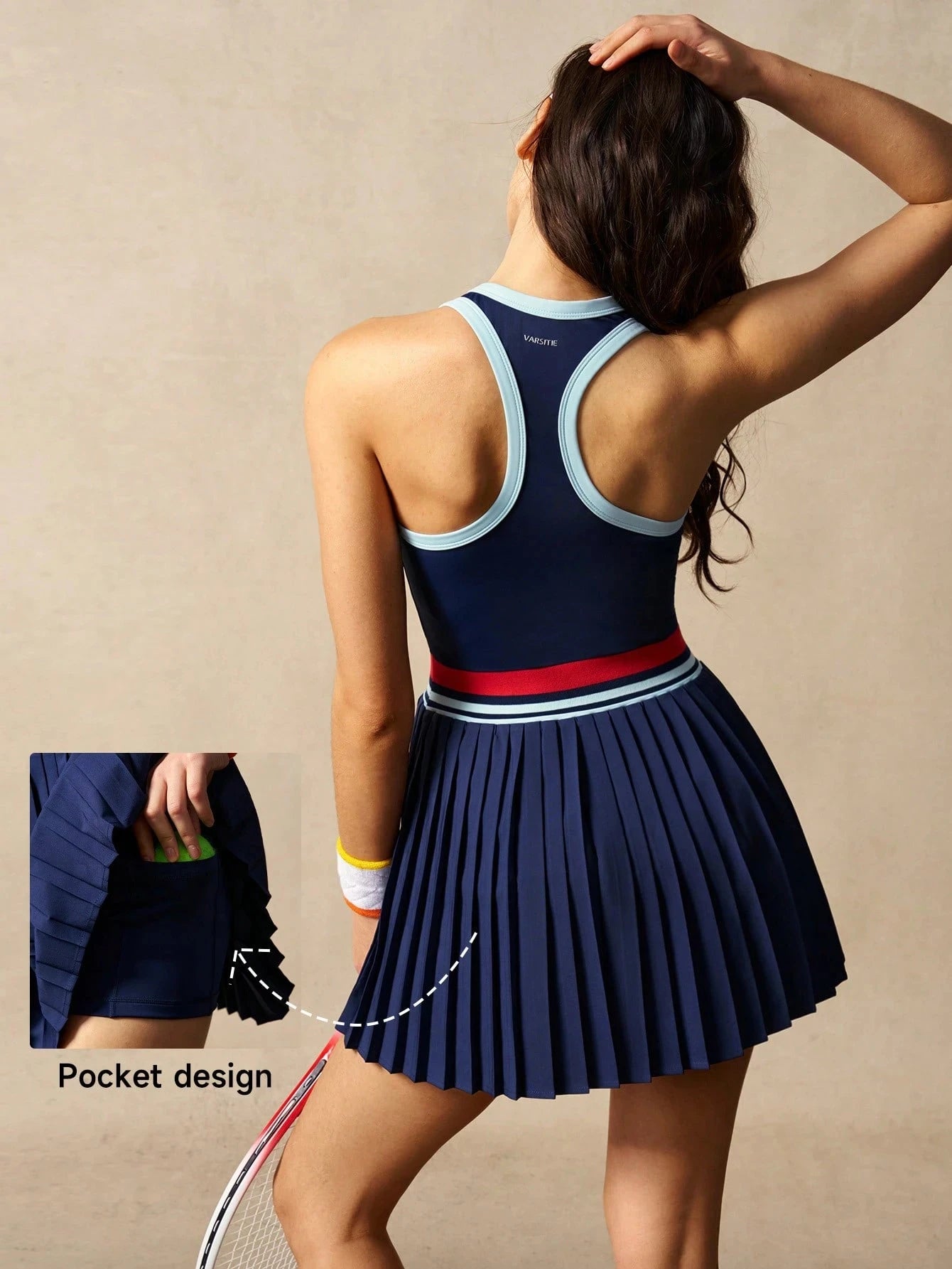 Women's Color Block Tennis Dress - Vintage Striped Racerback Pleated Skirt with Mid Waist Contrast Trim, Sleeveless A-Line Athletic Mini Dress for Golf Workout