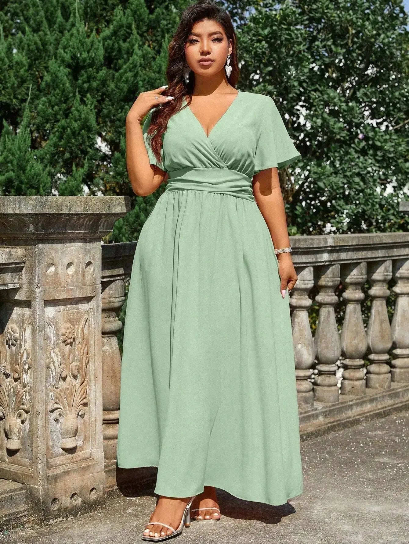 Plus Size Solid Color Wrap V-Neck Maxi Dress For Wedding Formal Occasion