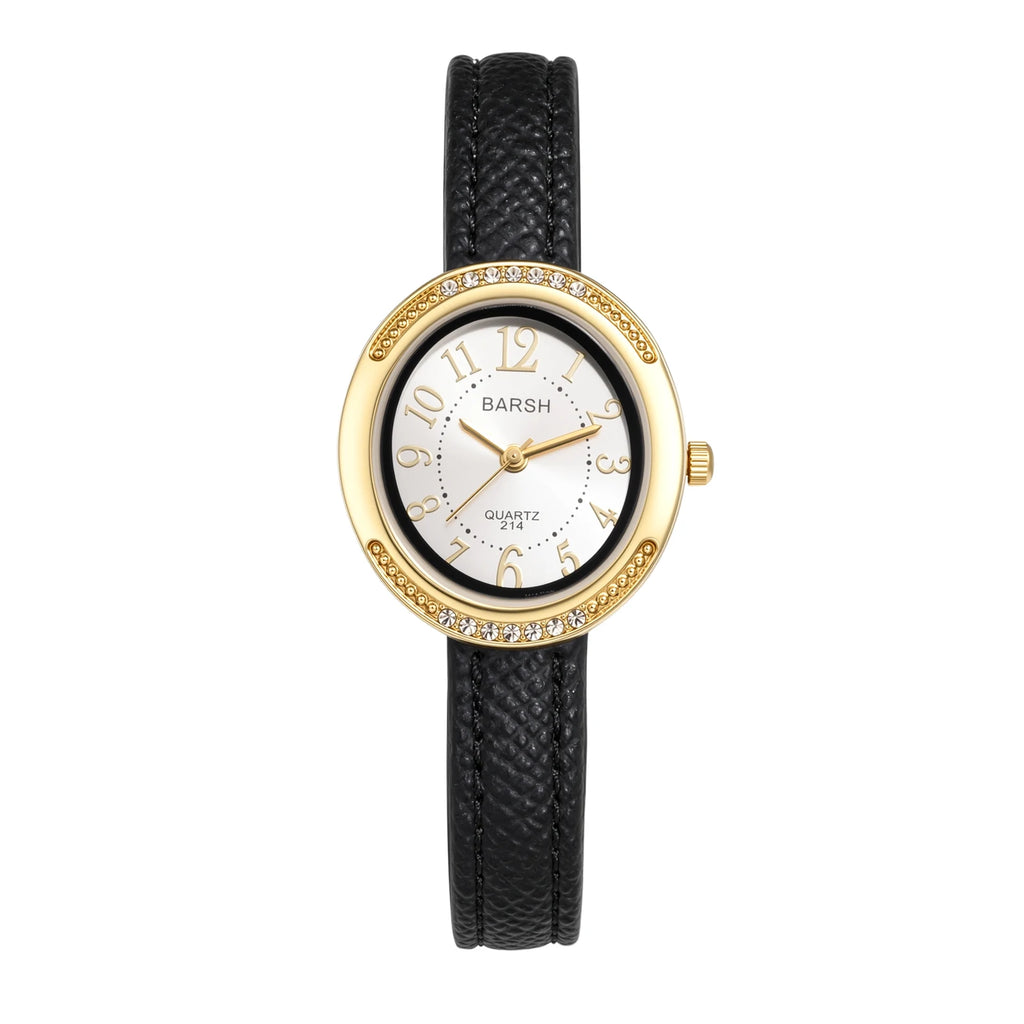 Women's Small Dainty Oval Watch Rhinestone Crystal Studded Bezel PU Leather Band Strap Analog Quartz Wristwatch Arabic Numeral Black Red Dial Vintage Luxury Fashion Mini Cute Ladies Elegant Gift Birthday Christmas All Seasons