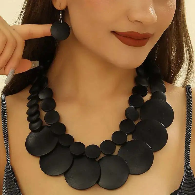 Africa Nigeria Jewelry Set Boho Double-layer Colored Geometric Round Wooden Beads Necklace Earrings For Women Trend 2025