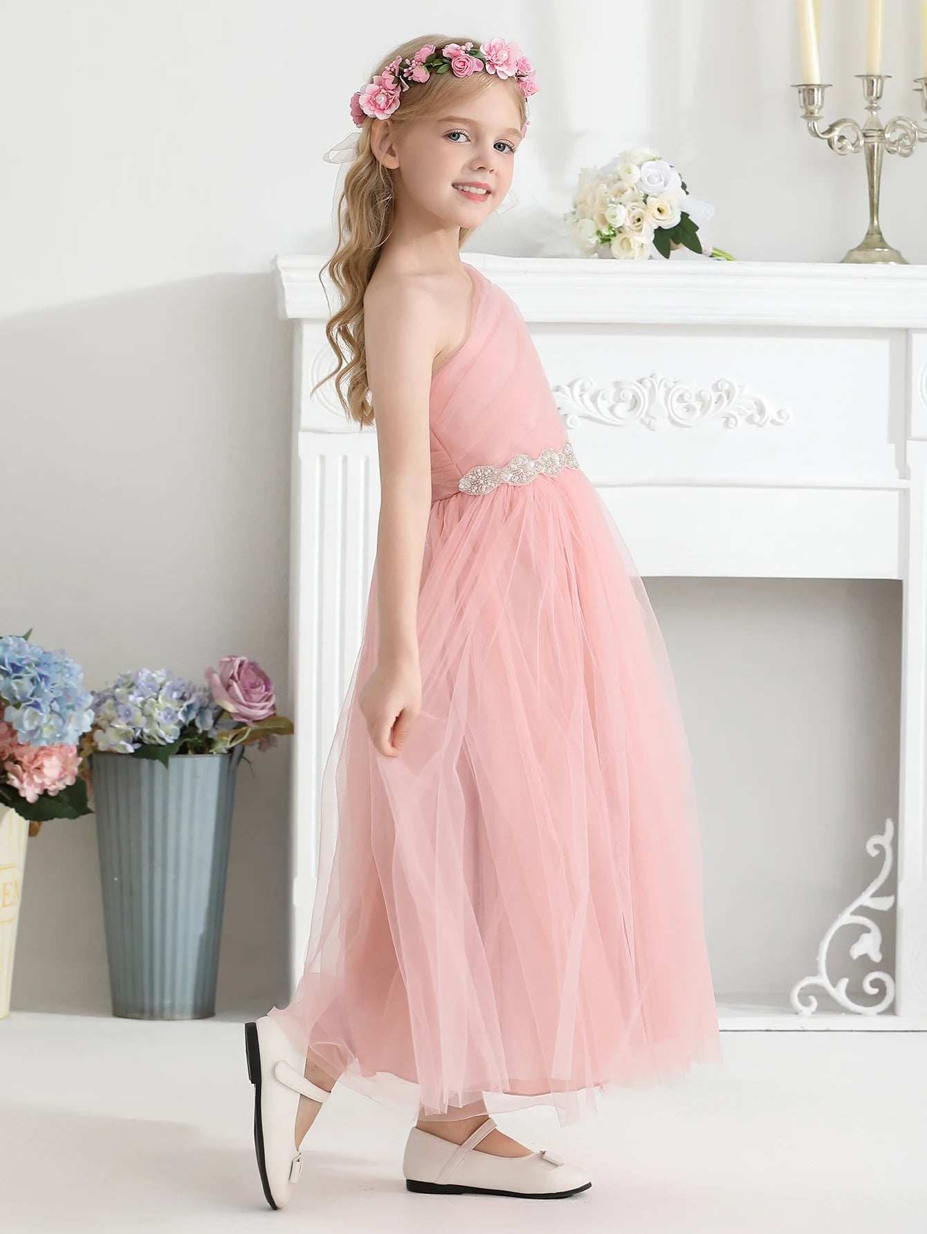 Wedding Flower Girl Dress, One Shoulder Ruched Tulle Gown, A-Line Princess Dress with Rhinestone Waist for Girls Junior Bridesmaid