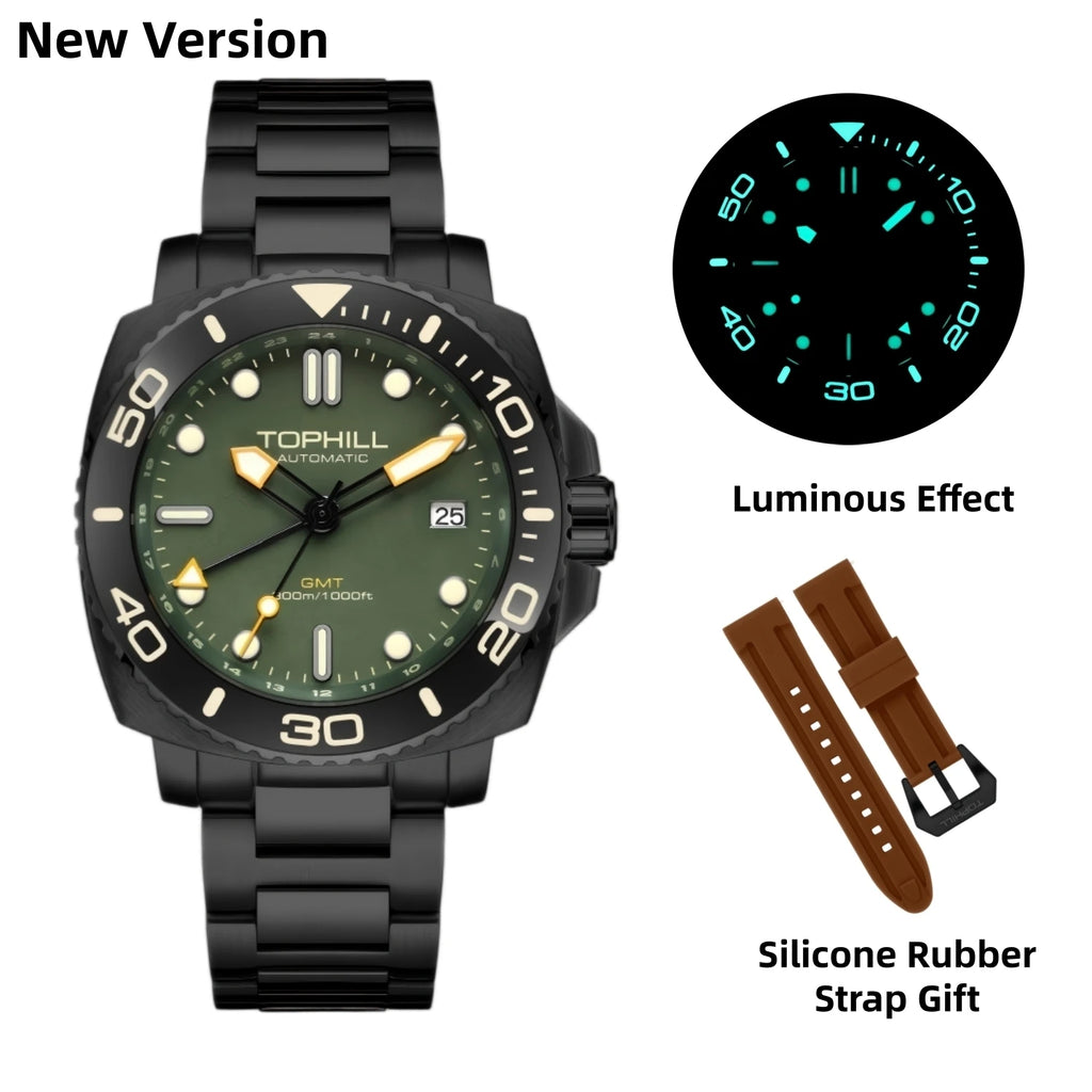 TOPHILL 43mm Men's Diving Watch NH34 GMT Automatic BGW9 C3 Luminous Quick Adjust Bracelet 300M Waterproof Sapphire Luxury TD012G