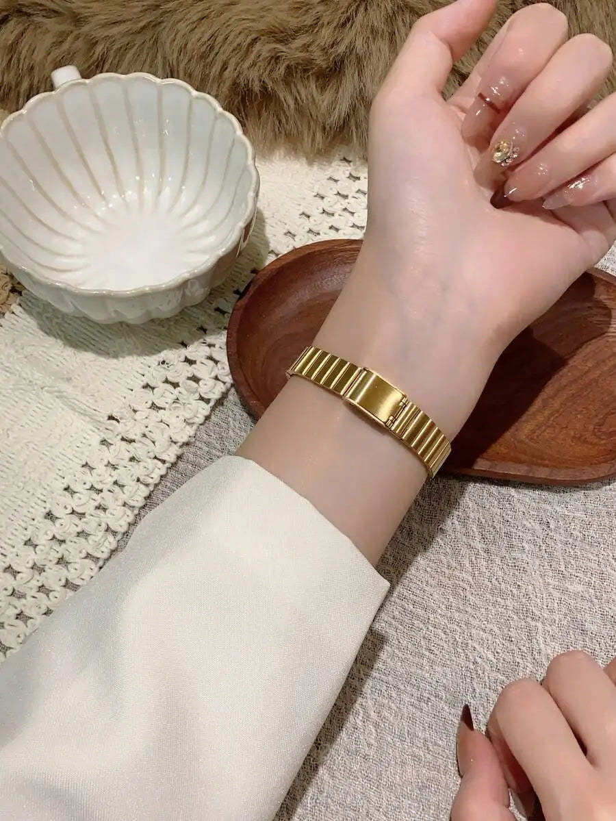 1pc Oval Bamboo Texture Strap Women's Watch, Gold Adjustable Strap, Elegant & Versatile Quartz Wristwatch, Suitable For Daily