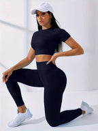 Workout Sets Outfits for Women – Yoga Leggings with Short Sleeve Crop Top, Slim Fit Tummy Control Butt Lifting Waist Shaping, Seamless Ribbed Texture, Breathable Soft Fabric, Non-Pilling, Perfect for Fall Winter Gym Yoga Ru