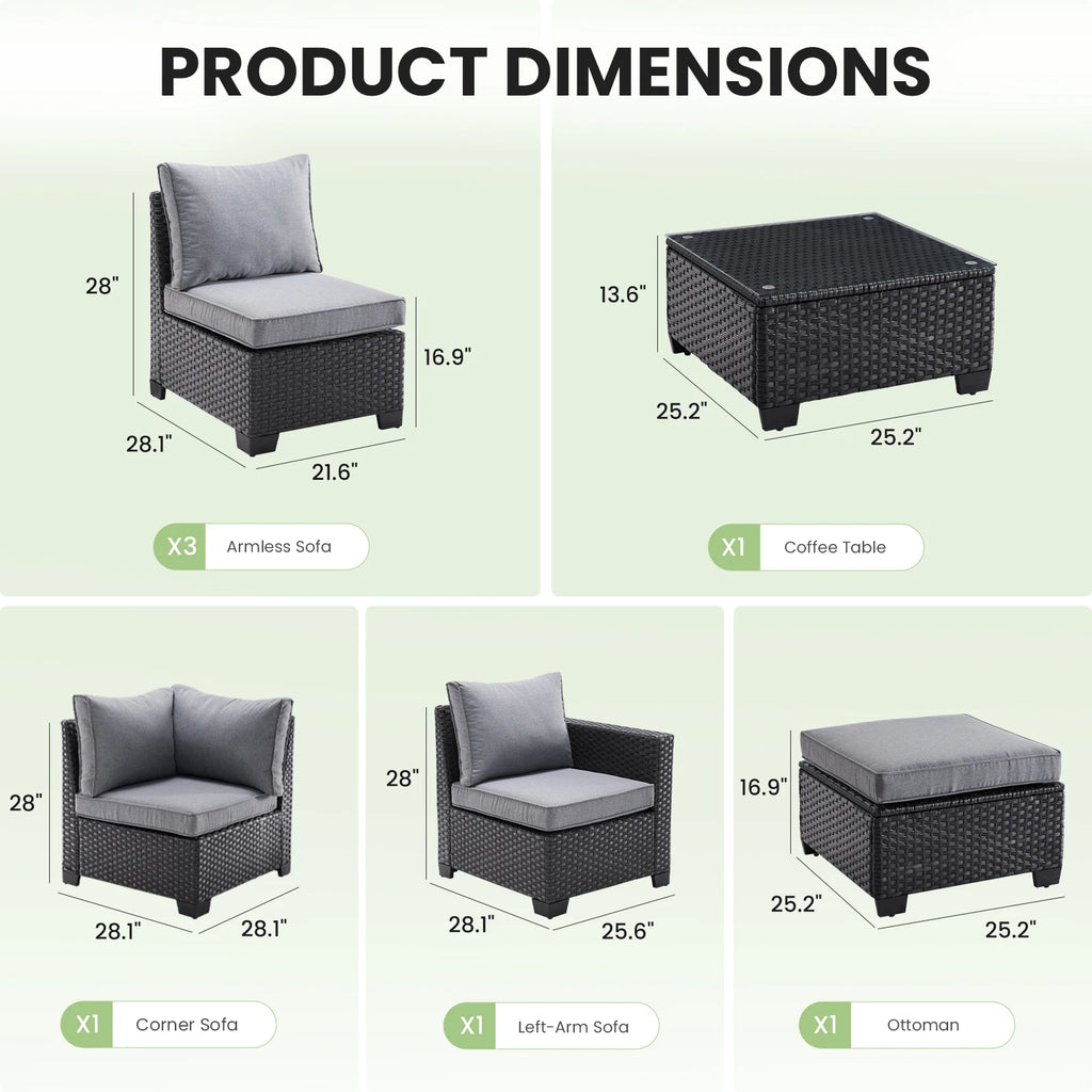 Farini Patio Sectional Sofa Set, Outdoor Furniture with Ottoman, Water/Oil/Stain-Resistant Fabric, Dark Gray Cushion + Gray Wick