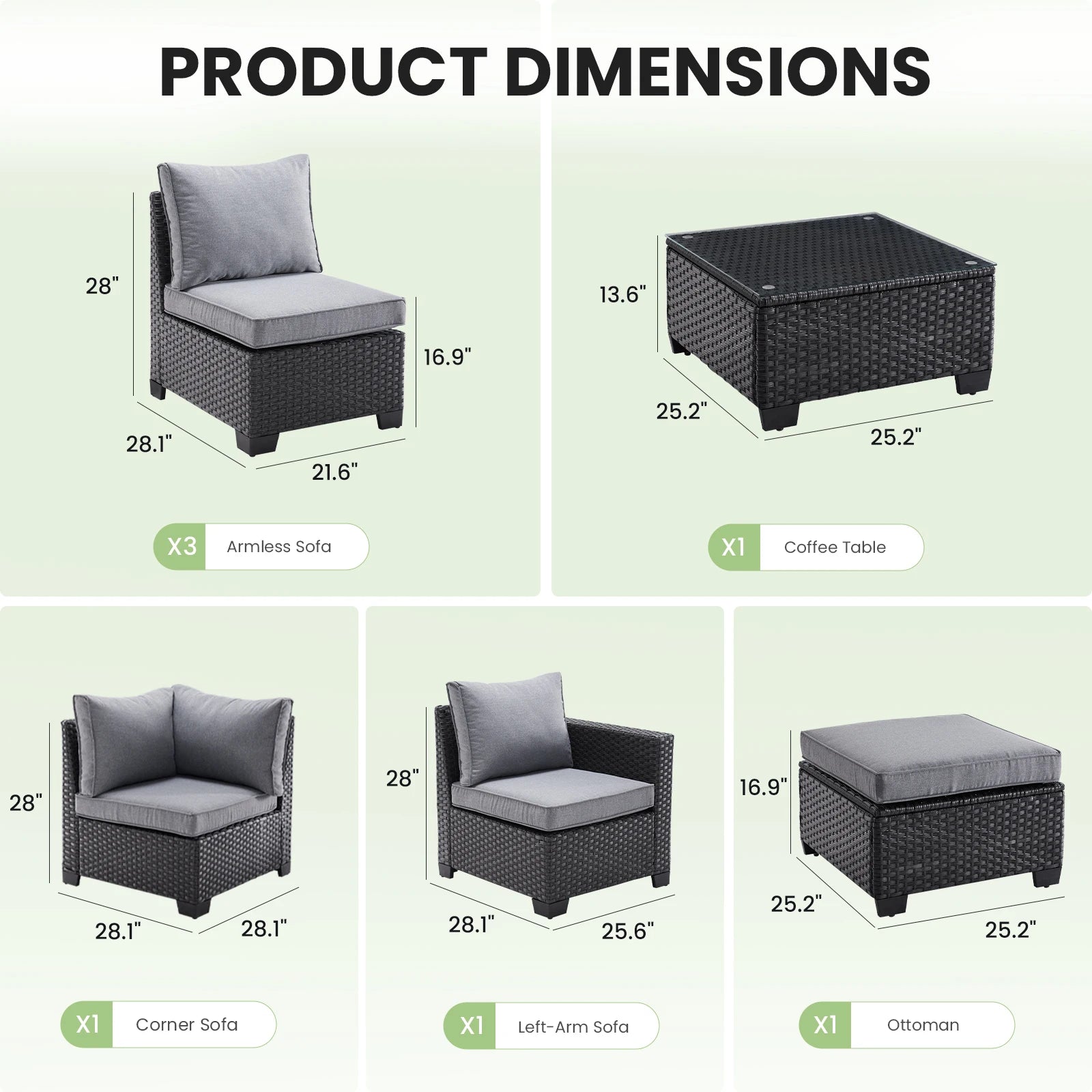 Farini Patio Sectional Sofa Set, Outdoor Furniture with Ottoman, Water/Oil/Stain-Resistant Fabric, Dark Gray Cushion + Gray Wick