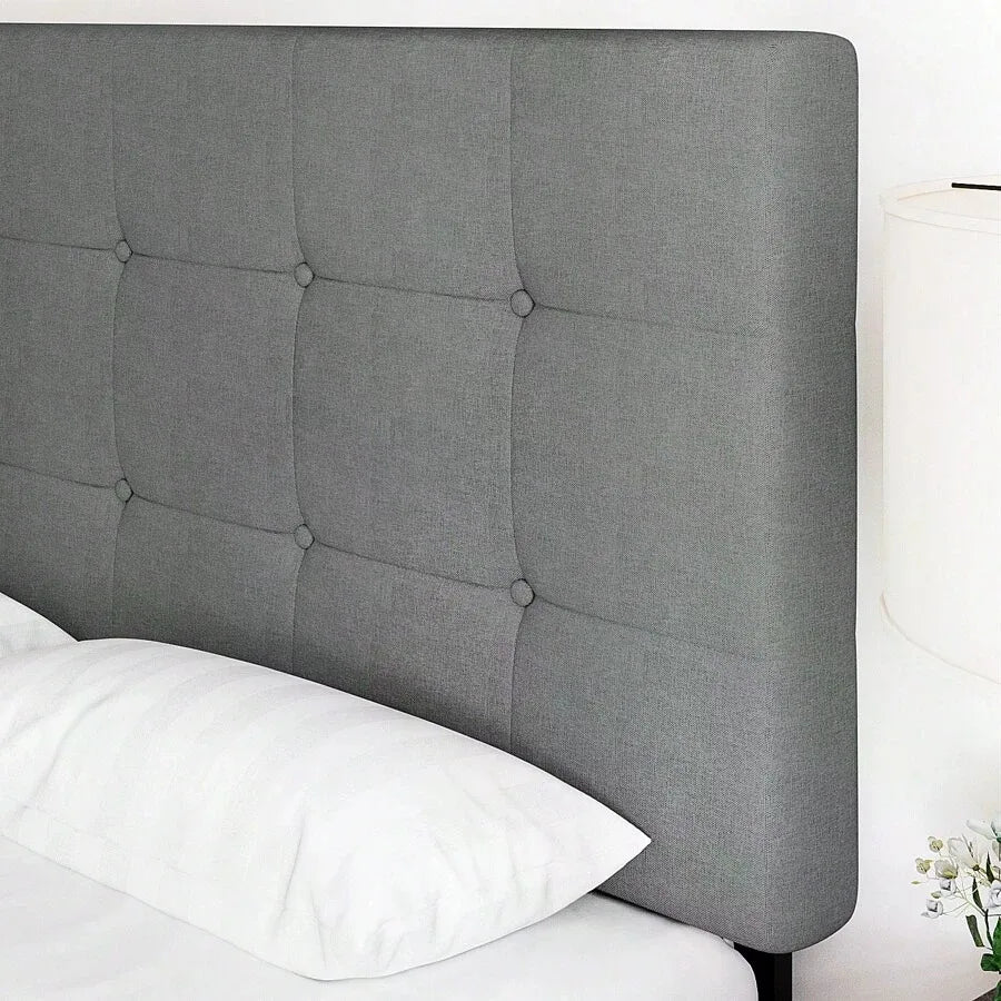 Full/Queen/King Platform Bed Frame With 4 Storage Drawers, Adjustable Headboard, Faux Leather Button Tufted Square Stitched Design, Wooden Slats, Noise-Free, No Box Spring Needed, Easy Assembly, Light Grey
