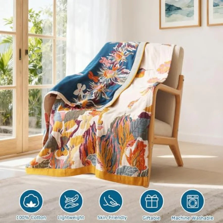Boho Throw Blanket - 100% Cotton Soft Summer Throw Blanket for Bed, 50"x60" Reversible Breathable Lightweight Blankets, All Sea