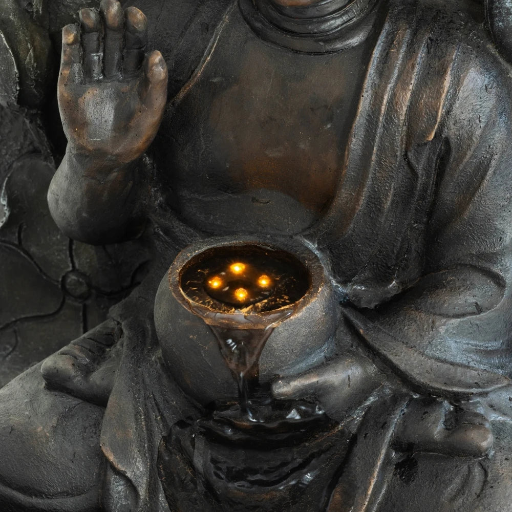 28" H Outdoor Buddha Waterfall Fountain, Freestanding Relaxing Water Feature, Asian Zen Fengshui Decor for Patio, Garden, Backyard, Deck & Home, Ideal Gift Led Fountain