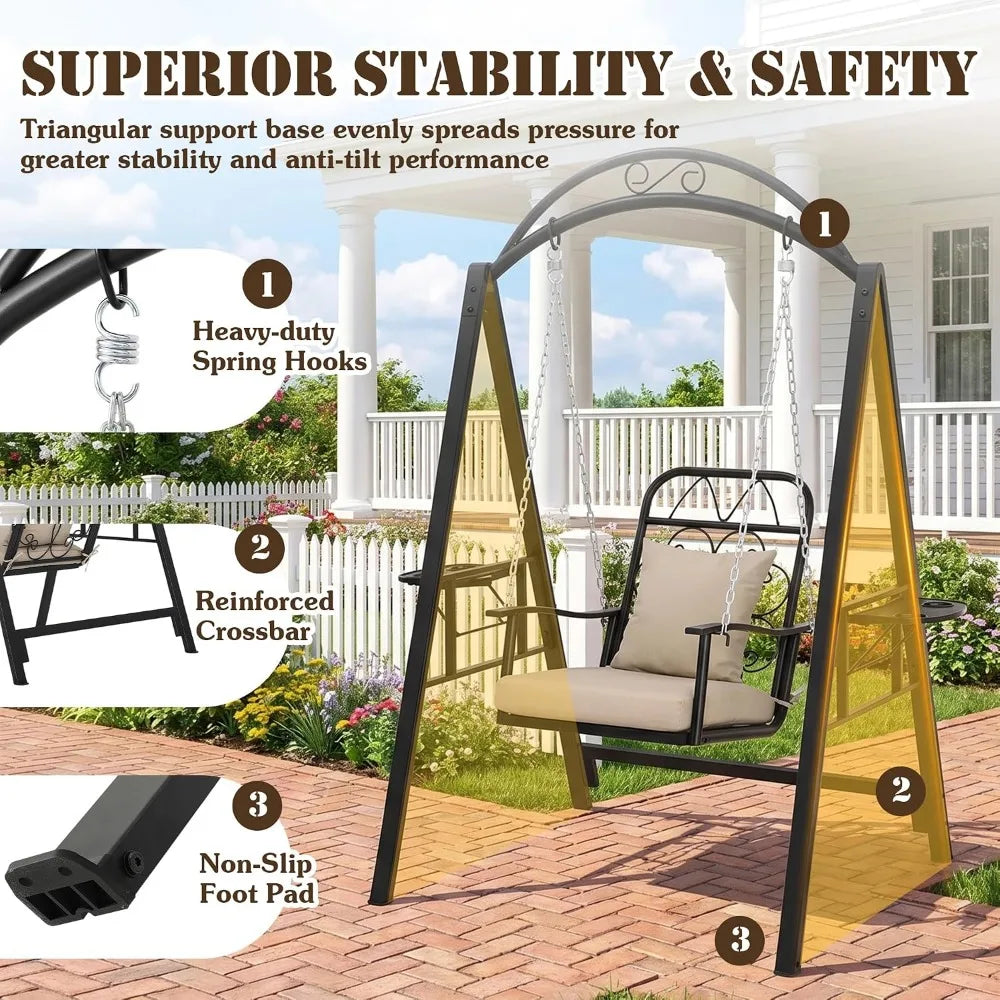 Porch Swing with Stand for Adults - Heavy-Duty Metal, Cushioned, Cup Holders, Adjustable, Easy Assembly