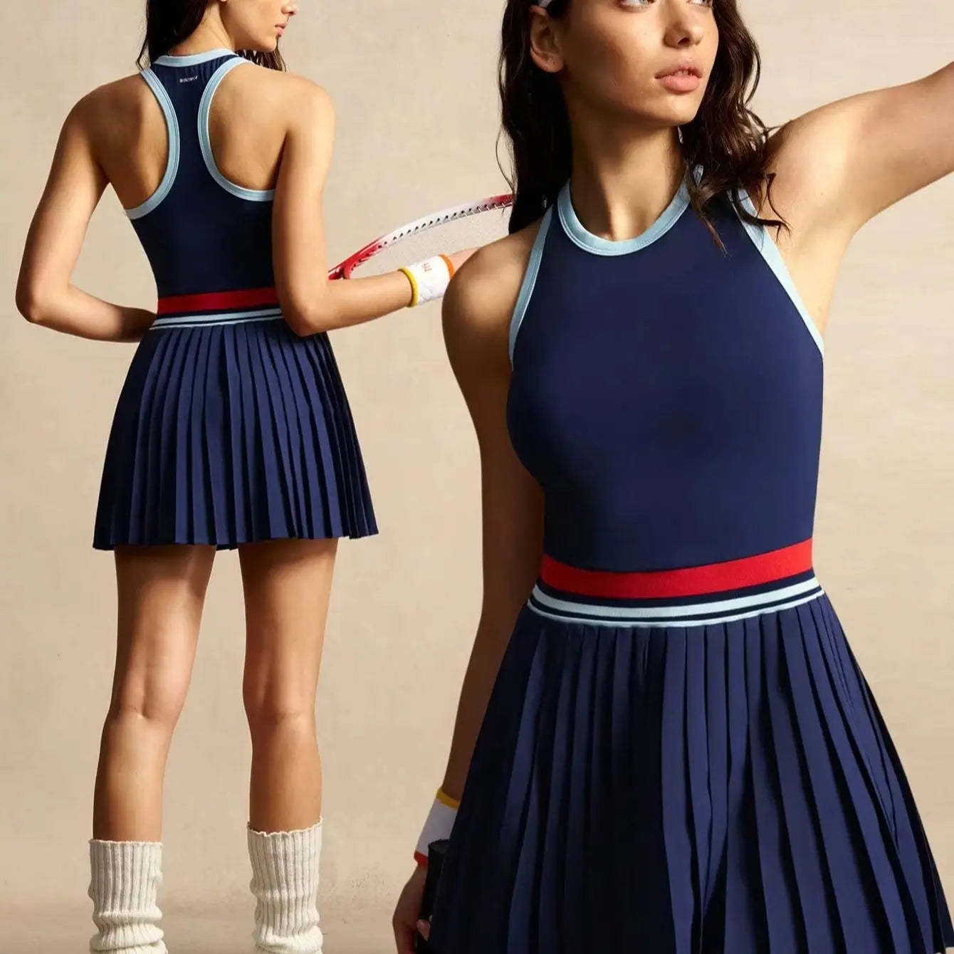 Women's Color Block Tennis Dress - Vintage Striped Racerback Pleated Skirt with Mid Waist Contrast Trim, Sleeveless A-Line Athletic Mini Dress for Golf Workout