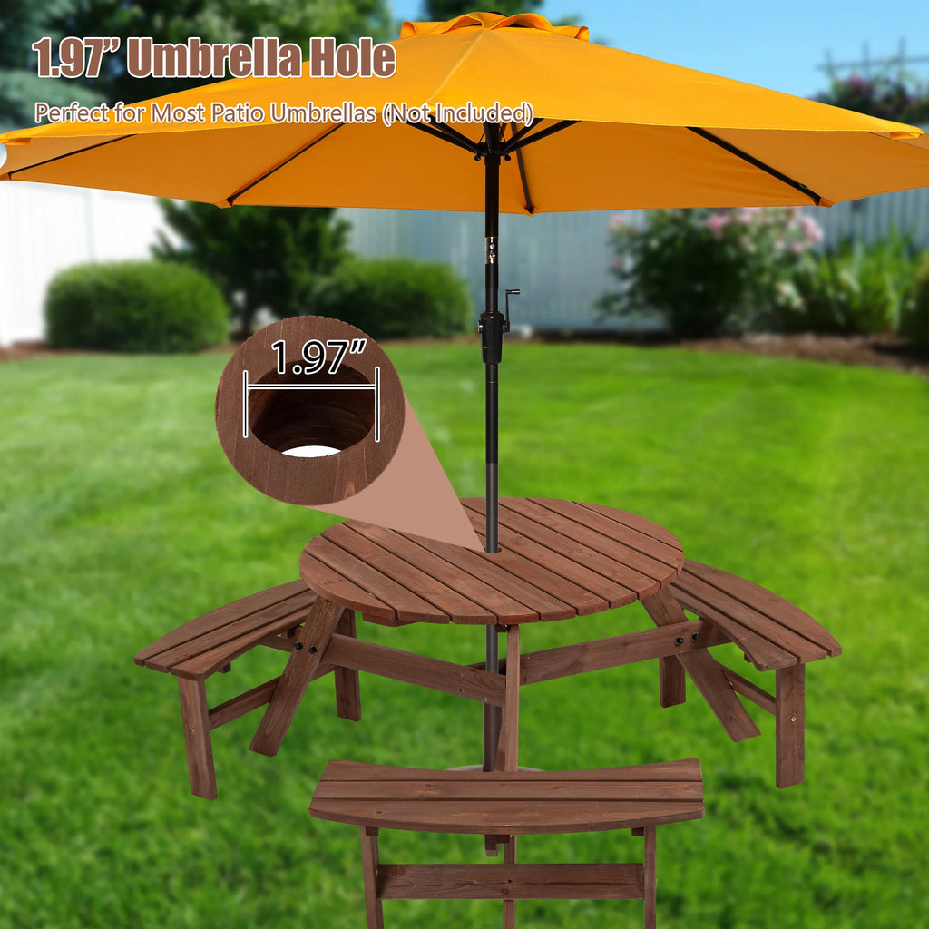 Solid Wood Round Outdoor Picnic Table with 3 Curved Benches, Weatherproof Wooden,Outdoor Patio Dining Furniture with Umbrella HoleWeather Resistant Patio Dining Furniture Set for Garden Backyard Deck