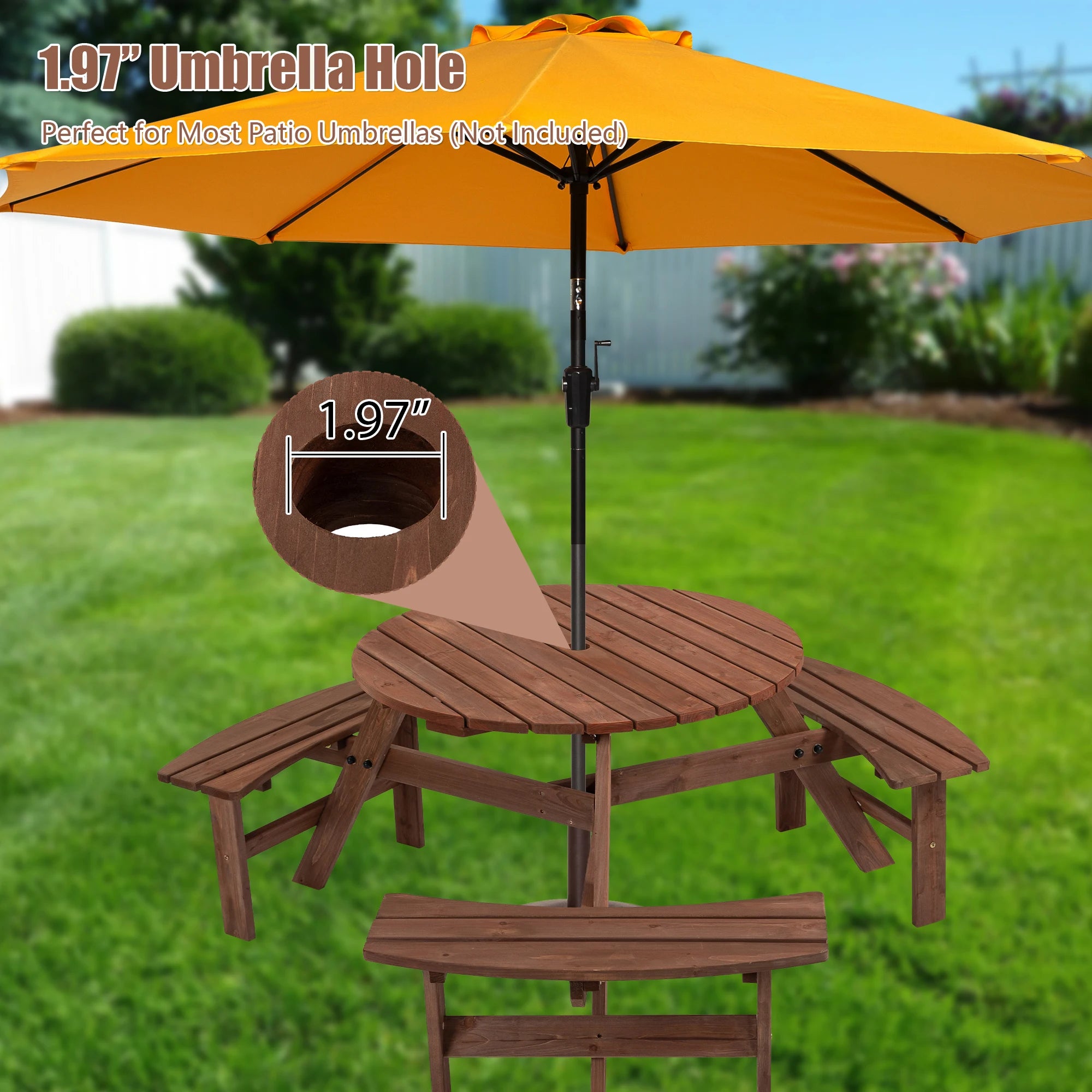 Solid Wood Round Outdoor Picnic Table with 3 Curved Benches, Weatherproof Wooden,Outdoor Patio Dining Furniture with Umbrella HoleWeather Resistant Patio Dining Furniture Set for Garden Backyard Deck
