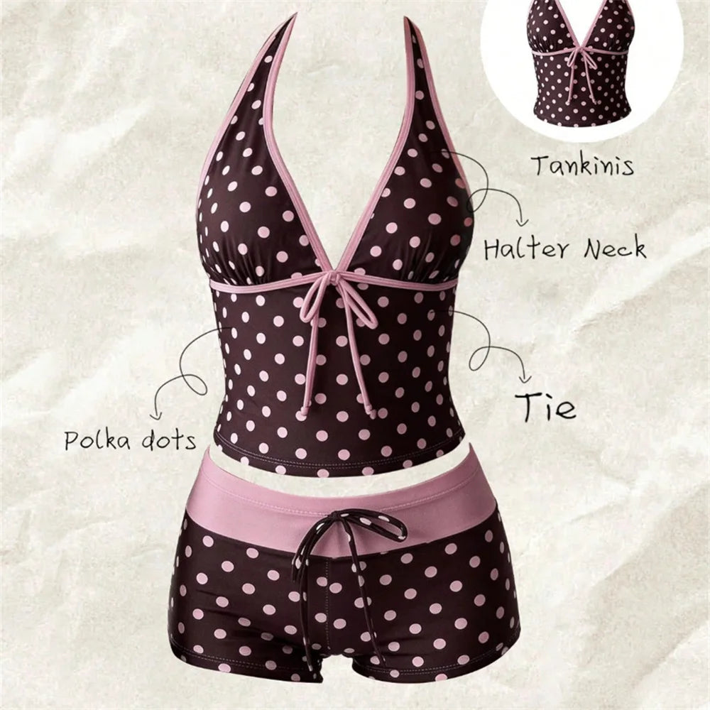 Kawaii Pink Dot Bikini Shorts Bowknot Halter Backless Swimsuit Deep V Swimwear Women's Bikinis and Tankinis Vacation Outfit Sets