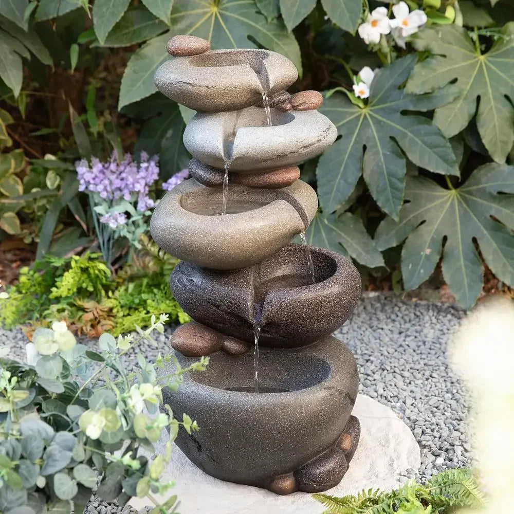 5-Tier Stacked Pebble Outdoor Water Feature with LED Lights and Pump, 24.5 Zen-Style Polyresin Fountain for Garden, Patio, Yard