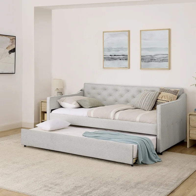 Twin Upholstered Daybed with Pop-Up Trundle and USB Charging