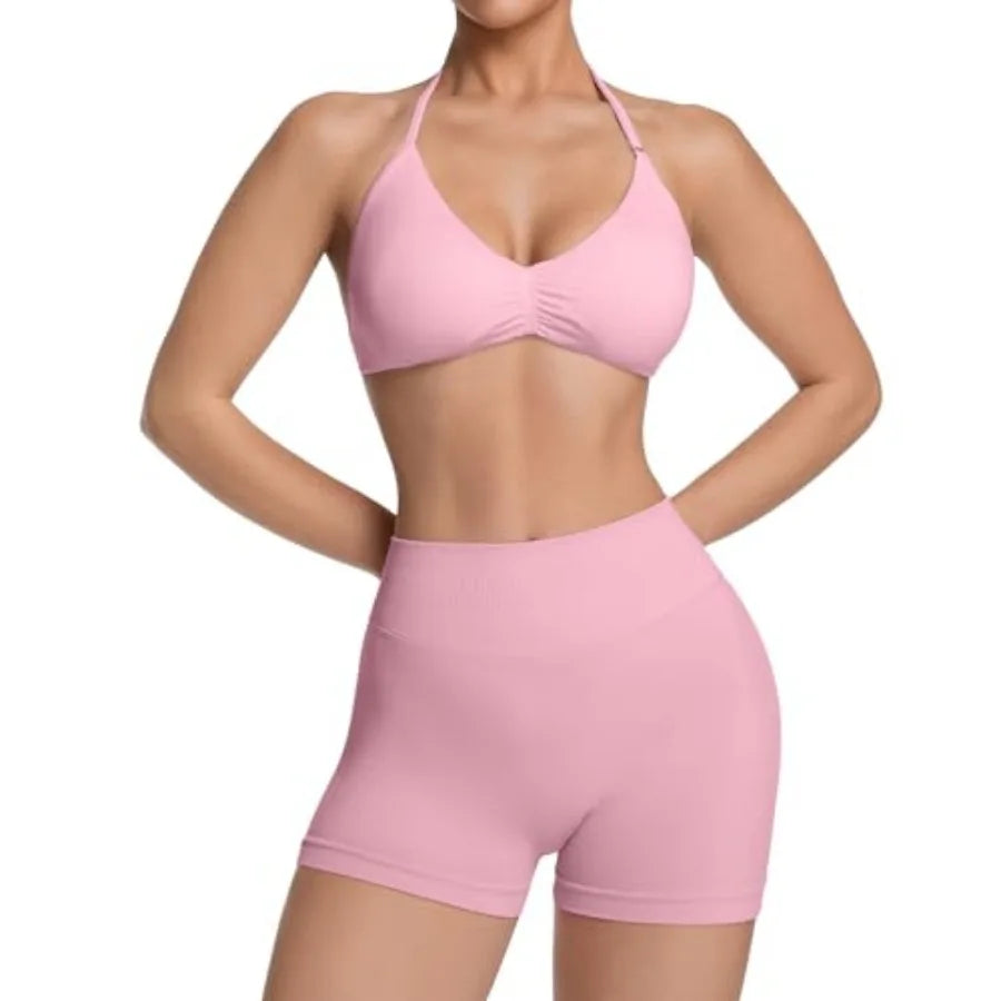 Comper 2 Pcs Workout Sets for Women Halter Strappy Sports Bra with Seamless Ribbed Gym Yoga shorts Outfits