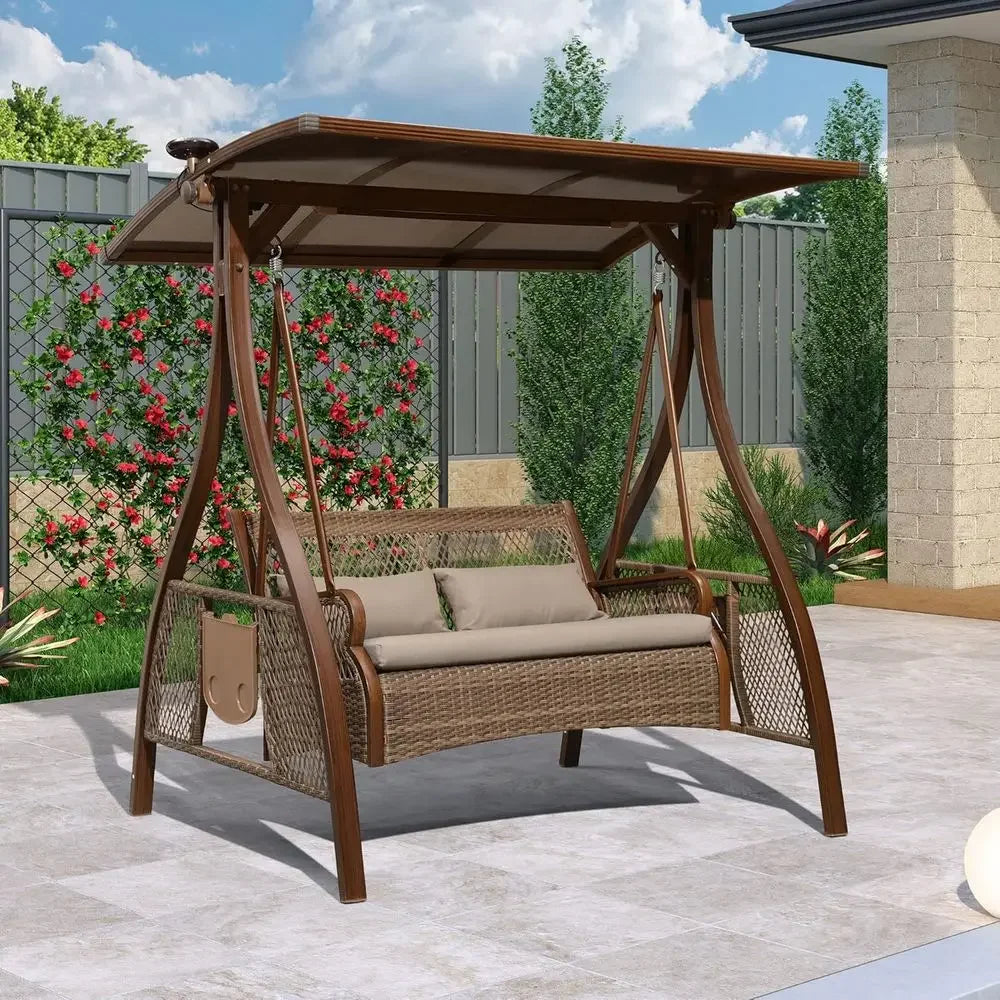 2 Person Wicker Porch Swing Chair with LED Light and Cushions for Outdoor Relaxation