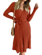 Womens Long Sleeve Wrap V Neck Ribbed Knit Pleated A-Line Sweater Dress With Belt
