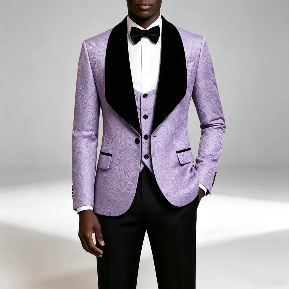 Men Light Blue Jacquard Tuxedo 3 Piece Suit Shawl Black Lapel Slim Fit Blazer Vest Pants Set Wedding Groom Prom Dinner Party Formal Mens Suit