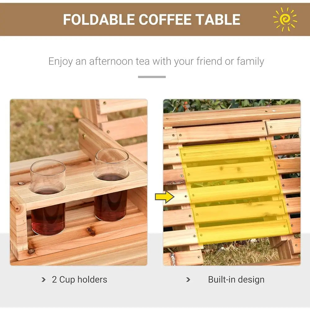 Natural 3-Person Wooden Porch Swing with Coffee Table, Cup Holders, and Chains, Supports 440lbs