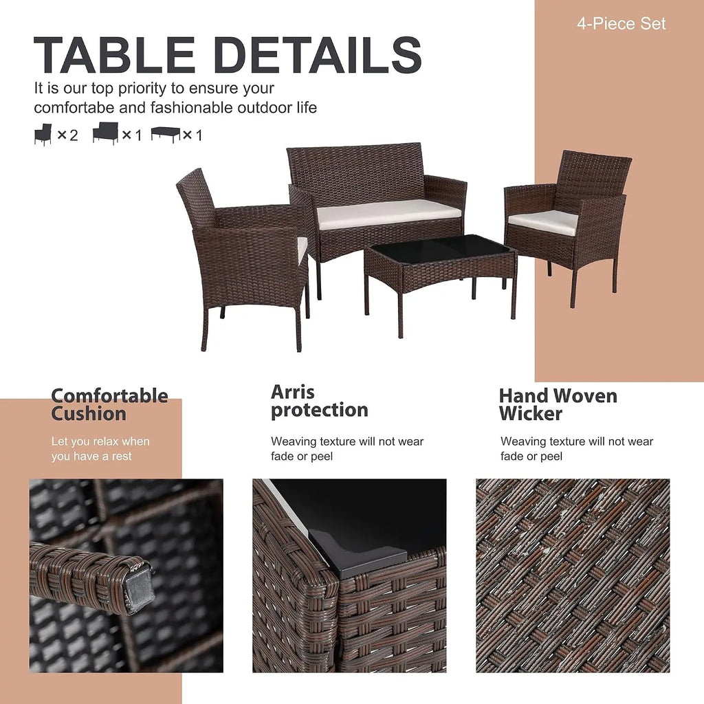 4 Piece Outdoor Patio Furniture Set, Wicker Rattan Patio Conversation Set, Outdoor Chairs and Loveseat with Coffee Table for Porch, Yard & Poolside (Brown)