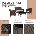 4 Piece Outdoor Patio Furniture Set, Wicker Rattan Patio Conversation Set, Outdoor Chairs and Loveseat with Coffee Table for Porch, Yard & Poolside (Brown)