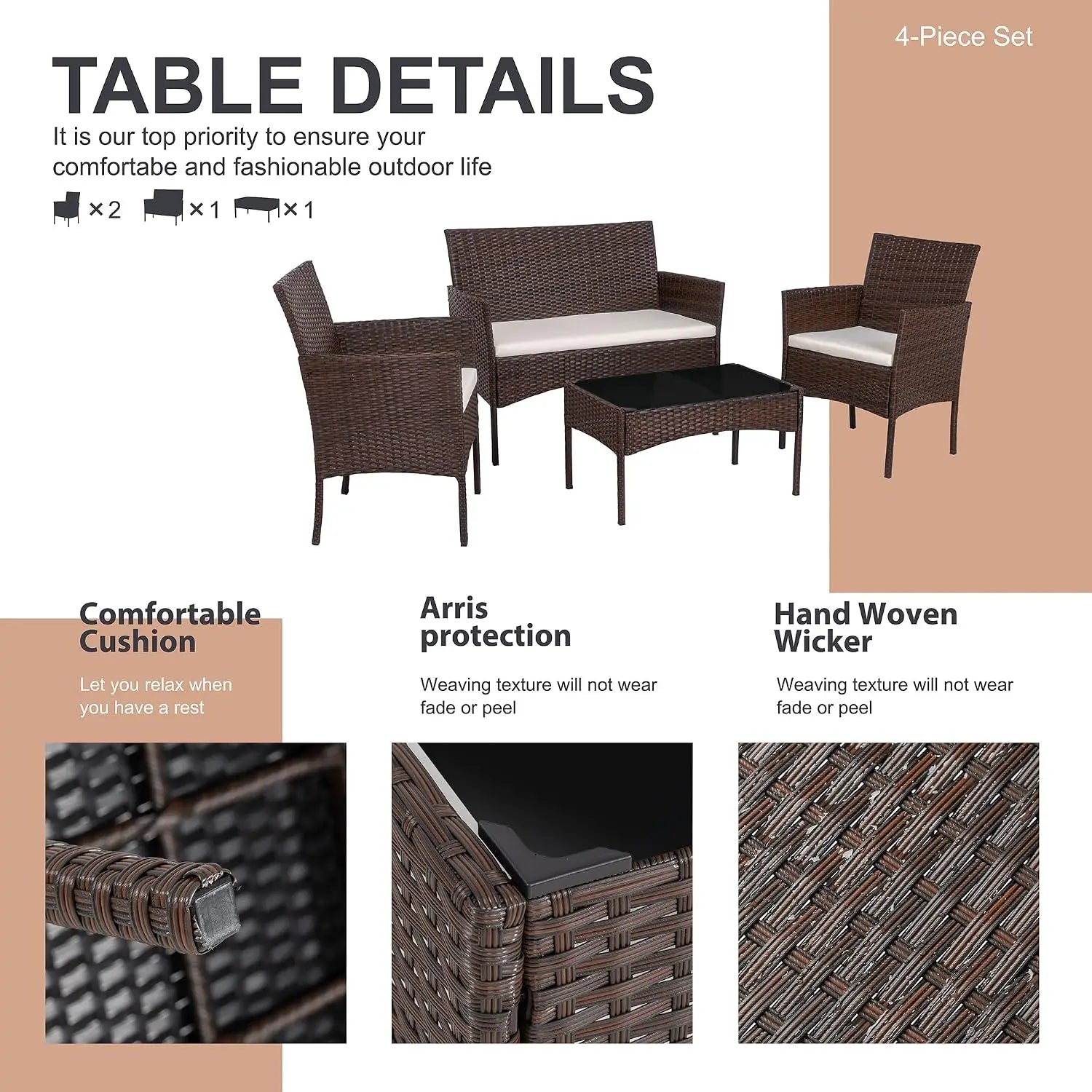 4 Piece Outdoor Patio Furniture Set, Wicker Rattan Patio Conversation Set, Outdoor Chairs and Loveseat with Coffee Table for Porch, Yard & Poolside (Brown)