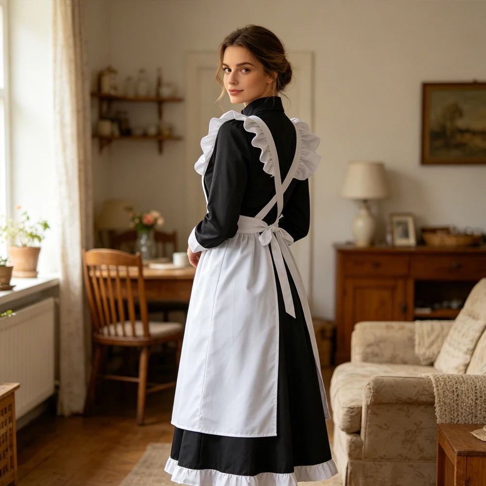 British Housekeeper Maid Costume Women Long Sleeve Button Black Dress White Ruffle Apron Vintage Maid Outfit Restaurant Cafe Uniform